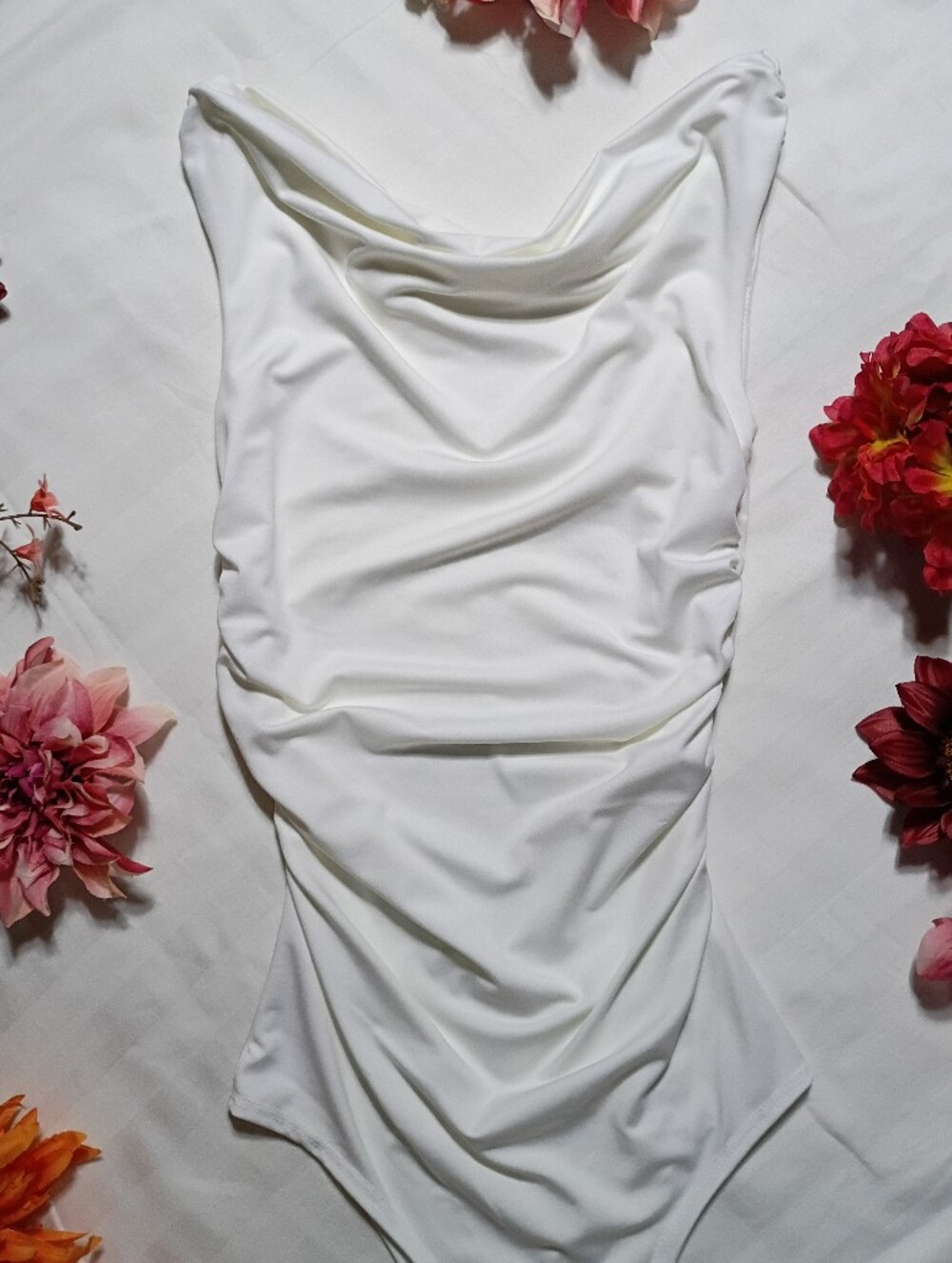 White Cowl Neck Ruched Women's Dress